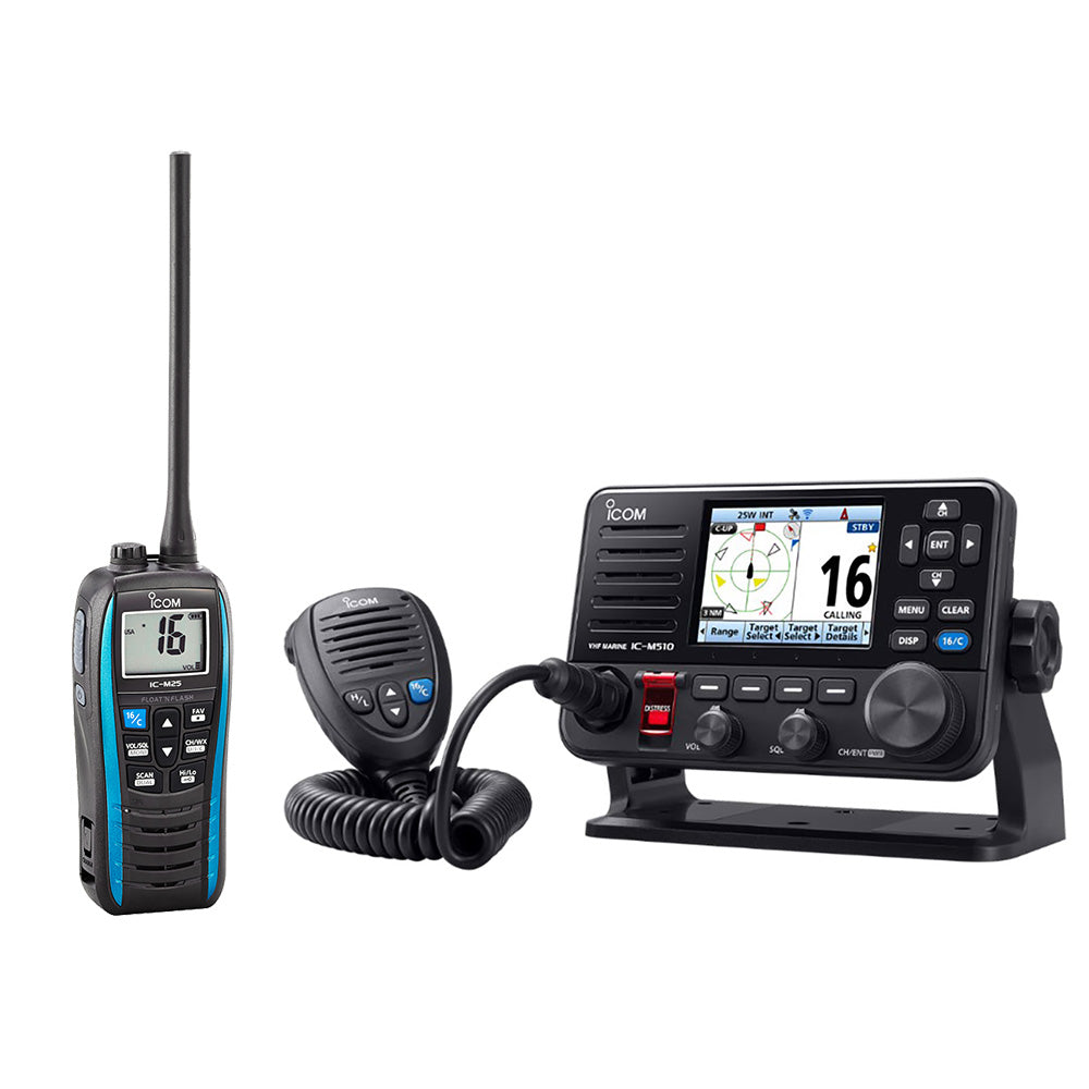 Icom M510 EVO 51 VHF w/AIS  NMEA 2000  FREE M25 Floating Handheld VHF Marine Radio - 5W - Blue [M510 PLUS EVO 51+M25-51] - Premium VHF - Fixed Mount from Icom - Just $949.95! 