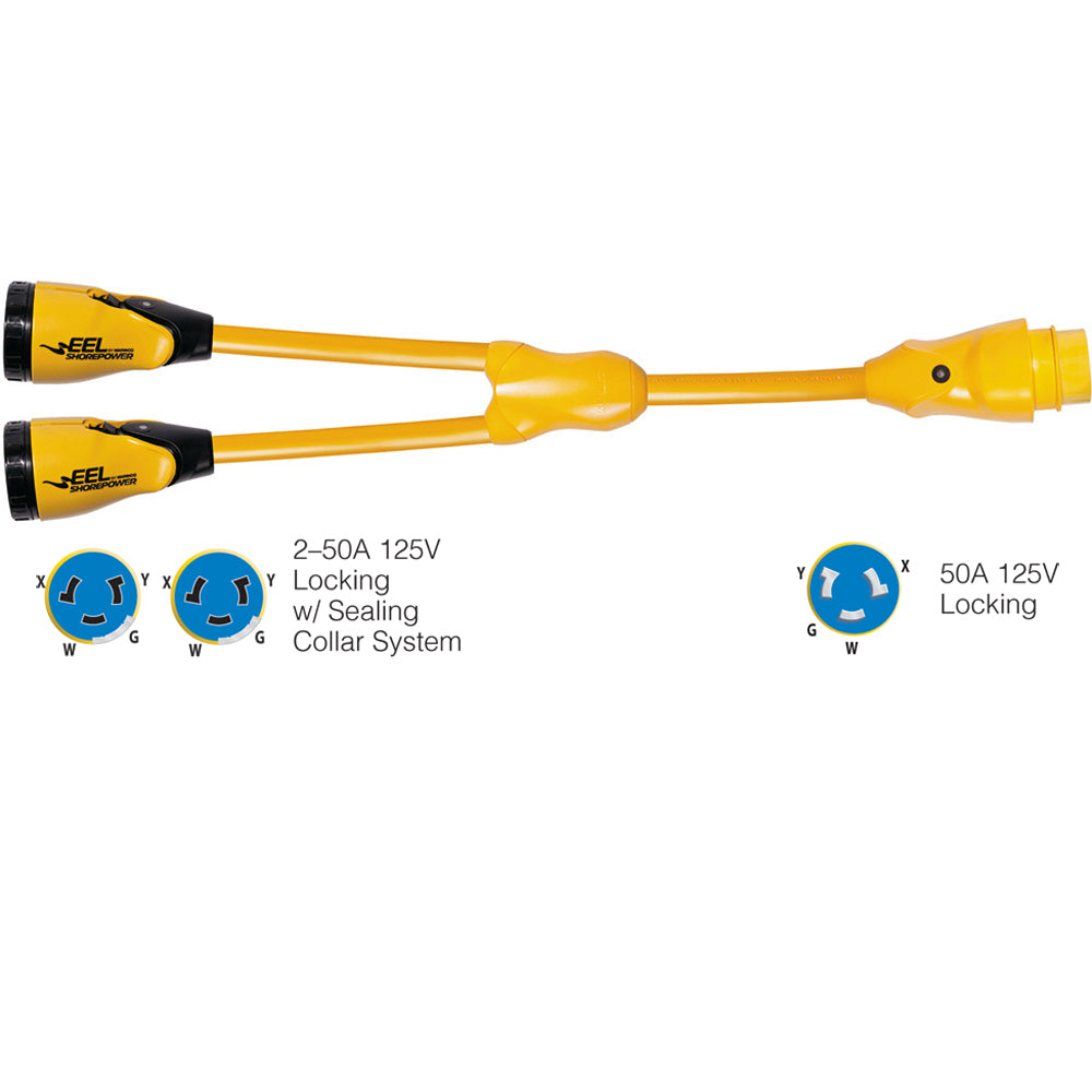 Marinco Y504-2-504 EEL (2)50A-125/250V Female to (1)50A-125/250V Male "Y" Adapter - Yellow [Y504-2-504] - Boat Outfitting, Boat Outfitting | Shore Power, Brand_Marinco, Electrical, Electrical | Shore Power - Marinco - Shore Power
