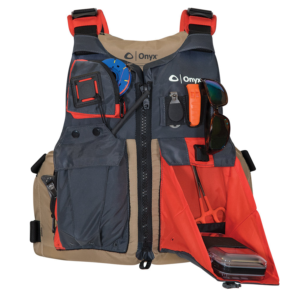 Onyx Kayak Fishing Vest - Adult Universal - Tan/Grey [121700-706-004-17] - Brand_Onyx Outdoor, Marine Safety, Marine Safety | Personal Flotation Devices, Paddlesports, Paddlesports | Life Vests - Onyx Outdoor - Life Vests