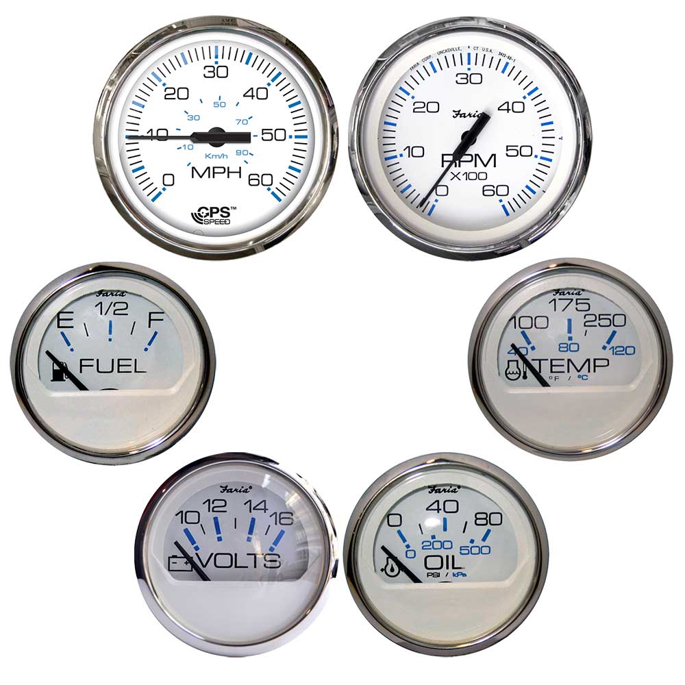 Faria Chesapeake White w/Stainless Steel Bezel Boxed Set of 6 - Speed, Tach, Fuel Level, Voltmeter, Water Temperature  Oil PSI - Inboard Motors [KTF063] - Premium Gauges from Faria Beede Instruments - Just $354.99! 