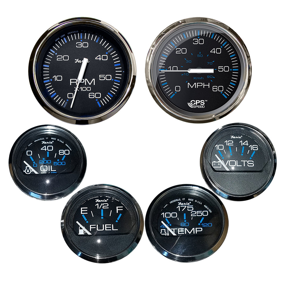 Faria Chesapeake Black w/Stainless Steel Bezel Boxed Set of 6 - Speed, Tach, Fuel Level, Voltmeter, Water Temperature  Oil PSI - Inboard Motors [KTF064] - Premium Gauges from Faria Beede Instruments - Just $354.99! 