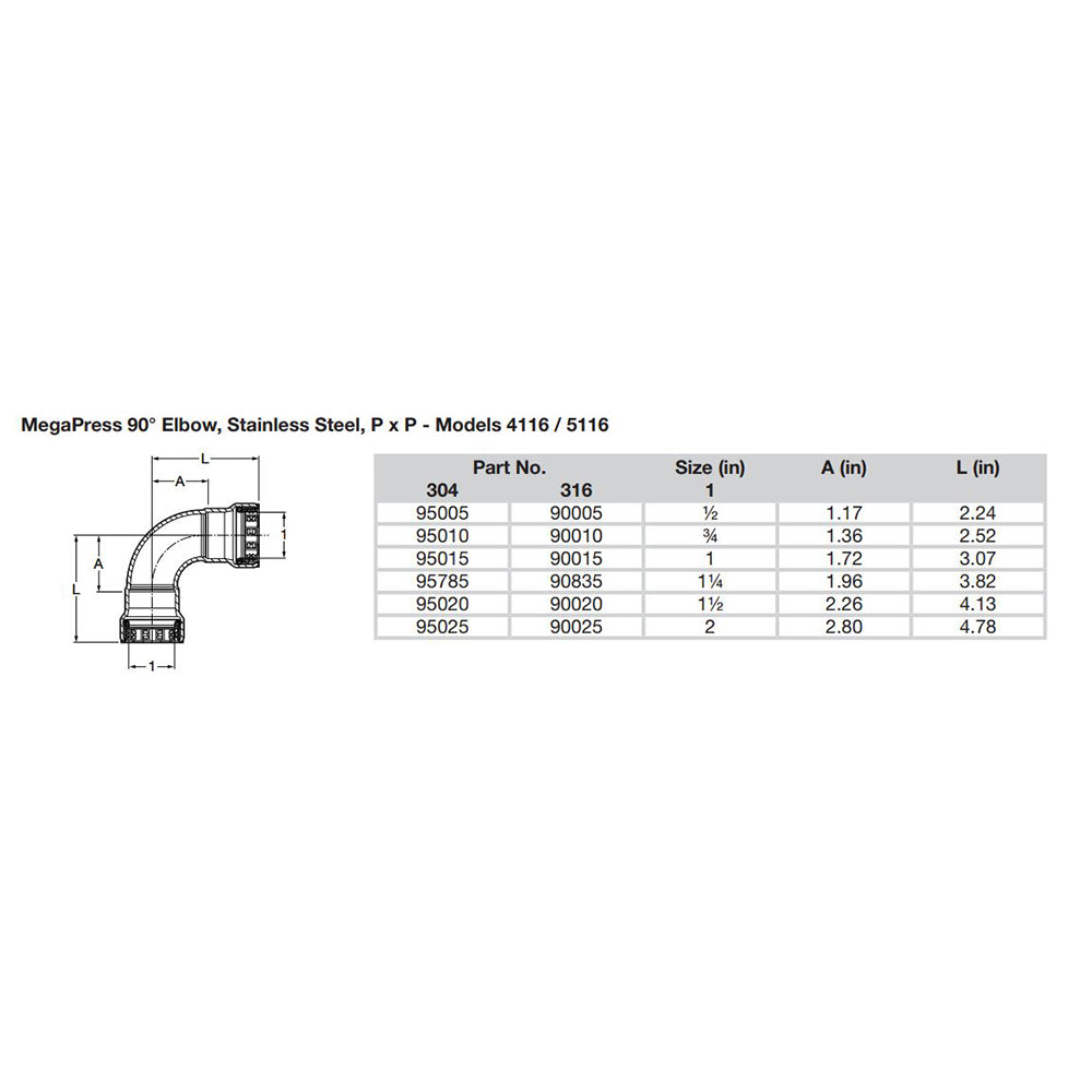 Viega MegaPress 1/2" 90 Stainless 304 Elbow - Double Press Connection - Smart Connect Technology [95005] - Premium Fittings from Viega - Just $61.99! 