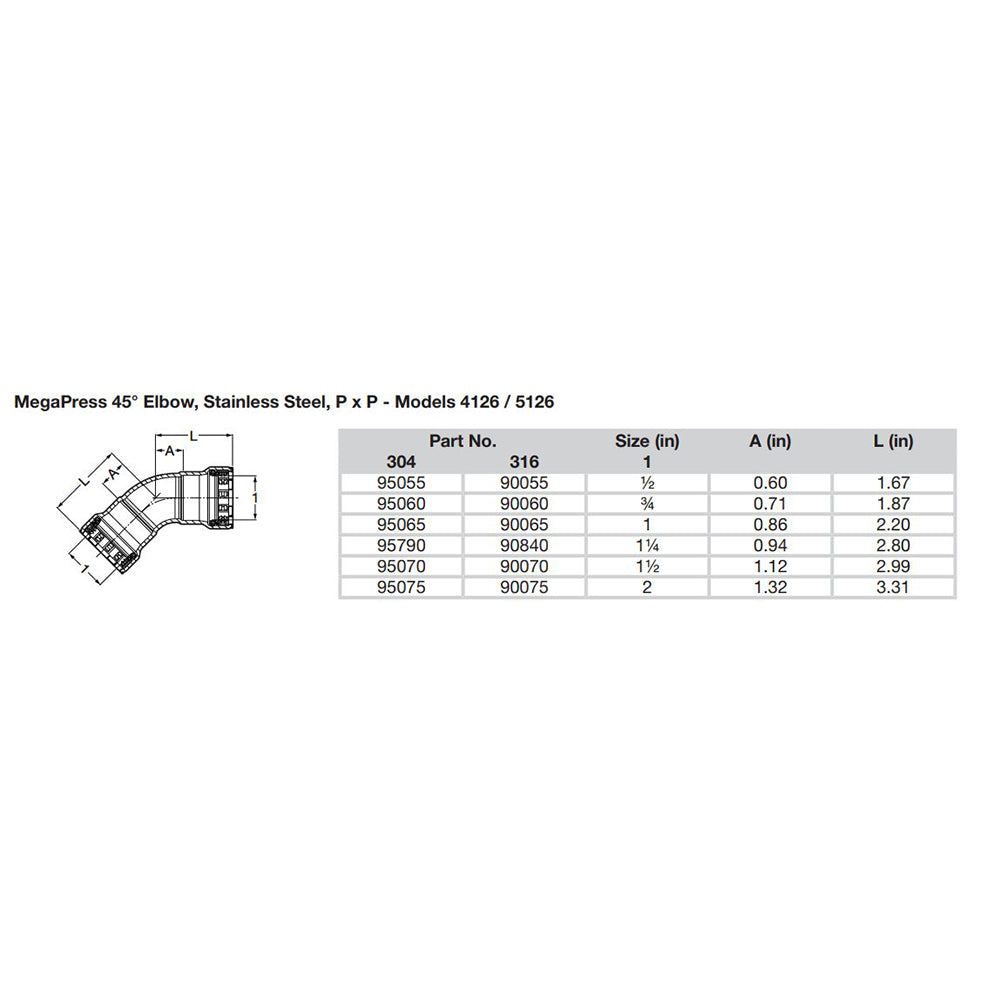 Viega MegaPress 1/2" 45 Stainless Steel 304 Elbow - Double Press Connection - Smart Connect Technology [95055] - Premium Fittings from Viega - Just $61.99! 