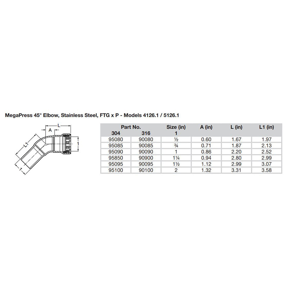 Viega MegaPress 1/2" 45 Stainless Steel 304 Elbow Street - Press Connection - Smart Connect Technology [95080] - Premium Fittings from Viega - Just $61.99! 