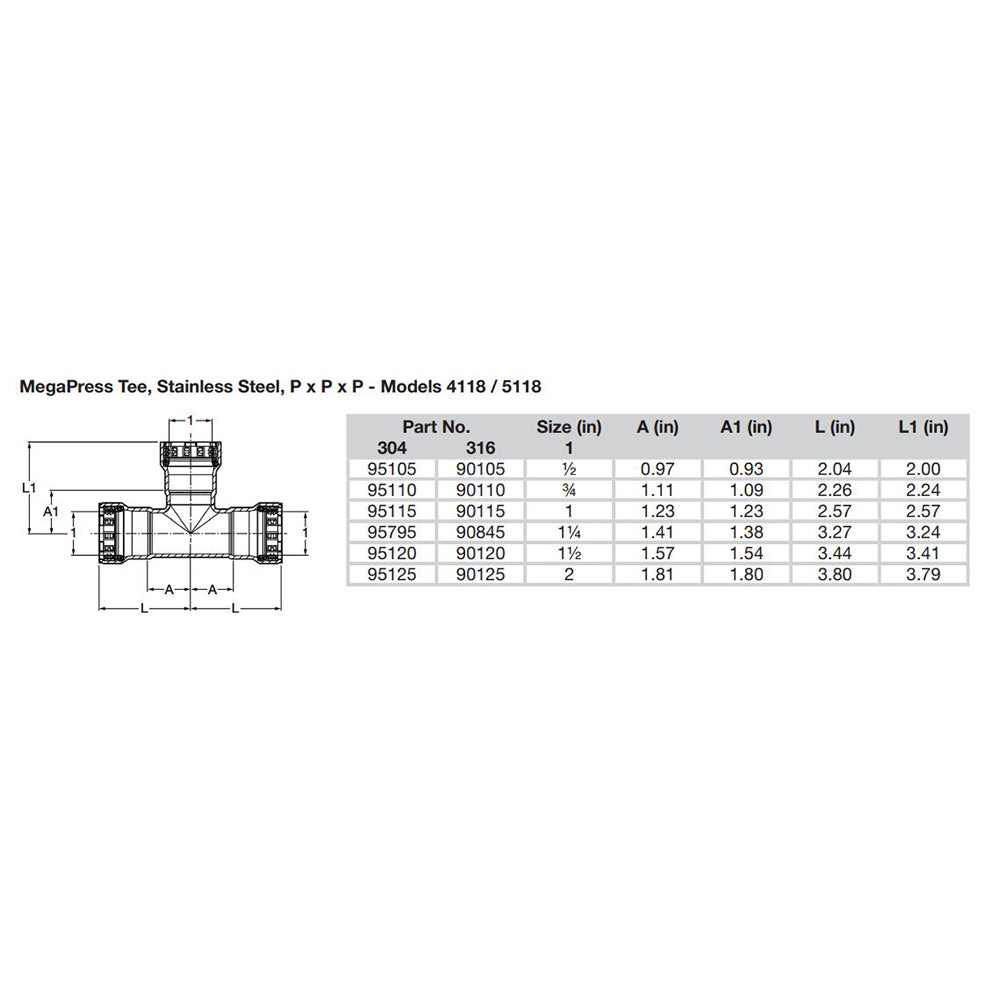 Viega MegaPress 3/4" Stainless Steel 304 Tee - Triple Press Connection - Smart Connect Technology [95110] - Premium Fittings from Viega - Just $48.99! 