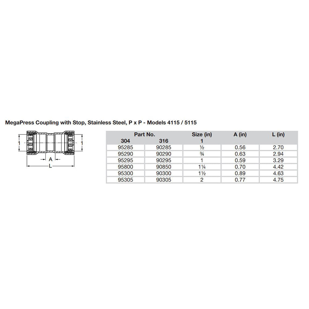 Viega MegaPress 1/2" Stainless Steel 304 Coupling w/Stop - Double Press Connection - Smart Connect Technology [95285] - Premium Fittings from Viega - Just $30.99! 