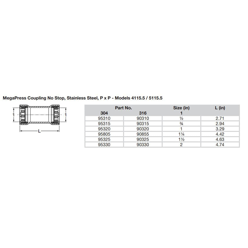 Viega MegaPress 1/2" Stainless Steel 304 Coupling w/o Stop - Double Press Connection - Smart Connect Technology [95310] - Premium Fittings from Viega - Just $36.99! 