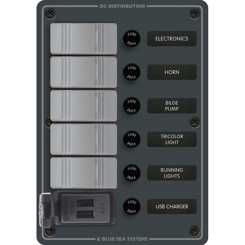 Blue Sea 8121 - 5 Position Contura Switch Panel w/Dual USB Chargers - 12/24V DC - Black [8121] - Premium Electrical Panels from Blue Sea Systems - Just $178.99! 