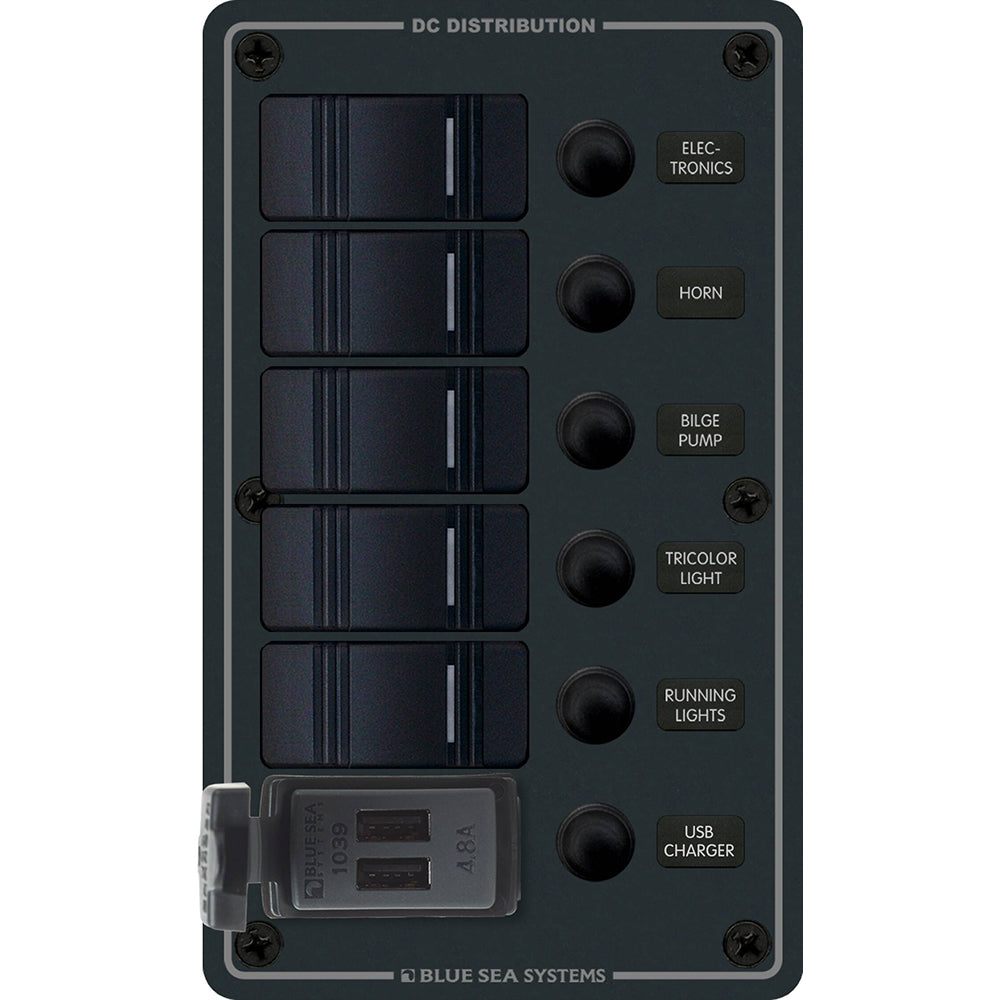 Blue Sea 8521 - 5 Position Contura Switch Panel w/Dual USB Chargers - 12/24V DC - Black [8521] - Premium Electrical Panels from Blue Sea Systems - Just $199.99! 