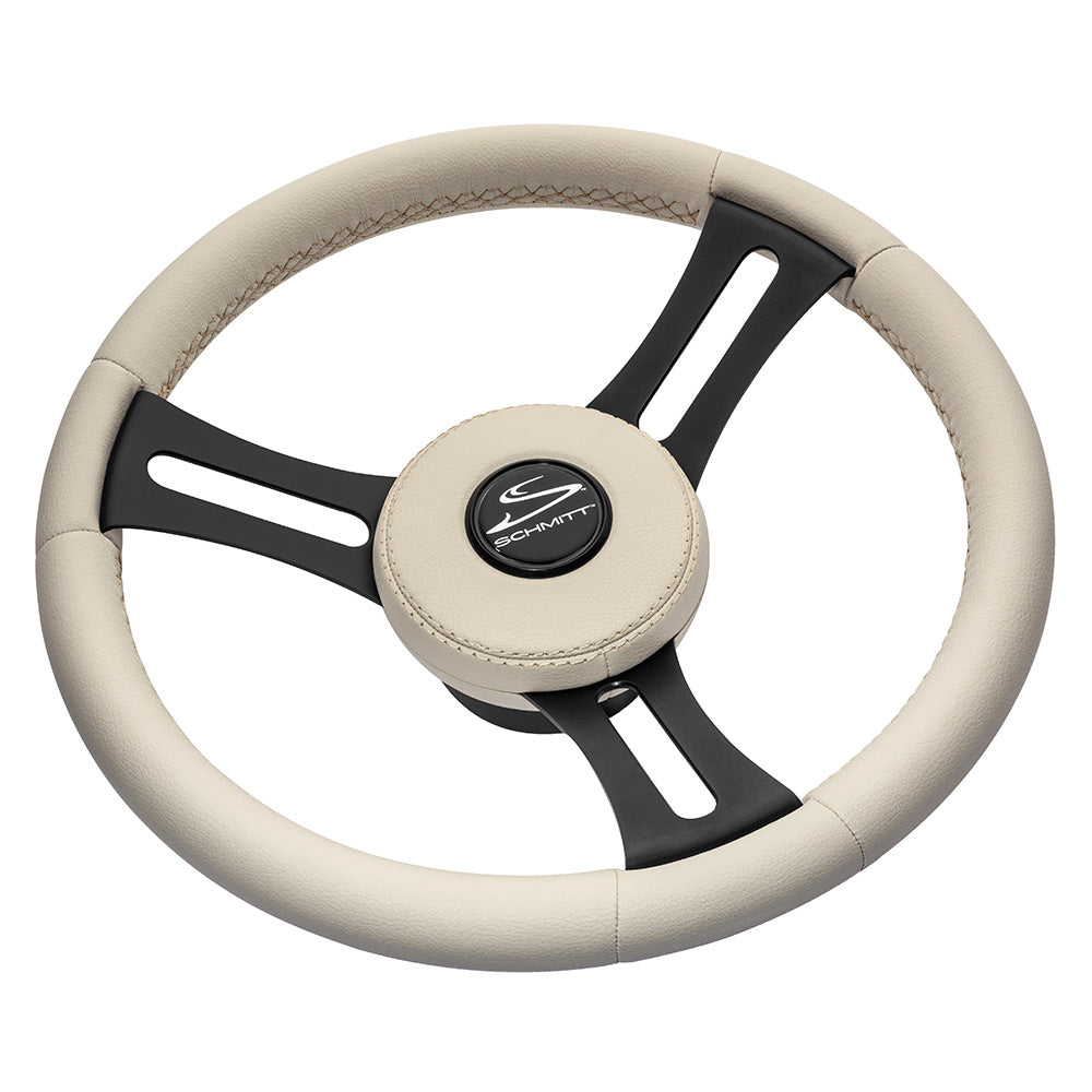 Schmitt Marine Torcello Elite 14" Wheel - Beige Leather  Cap - White Stitching - Black SS Spokes - 3/4" Tapered Shaft [PU081B11] - Premium Steering Wheels from Schmitt Marine - Just $412.99! 