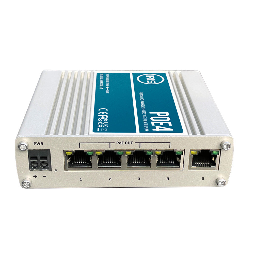 Iris Four Channel Uplink Power Over Ethernet Switch - IEEE802.3af  3at Compliant - 9-30VDC Input - 48VDC Output [POE4V2] - Premium Cameras - Network Video from Iris Innovations - Just $202.99! 